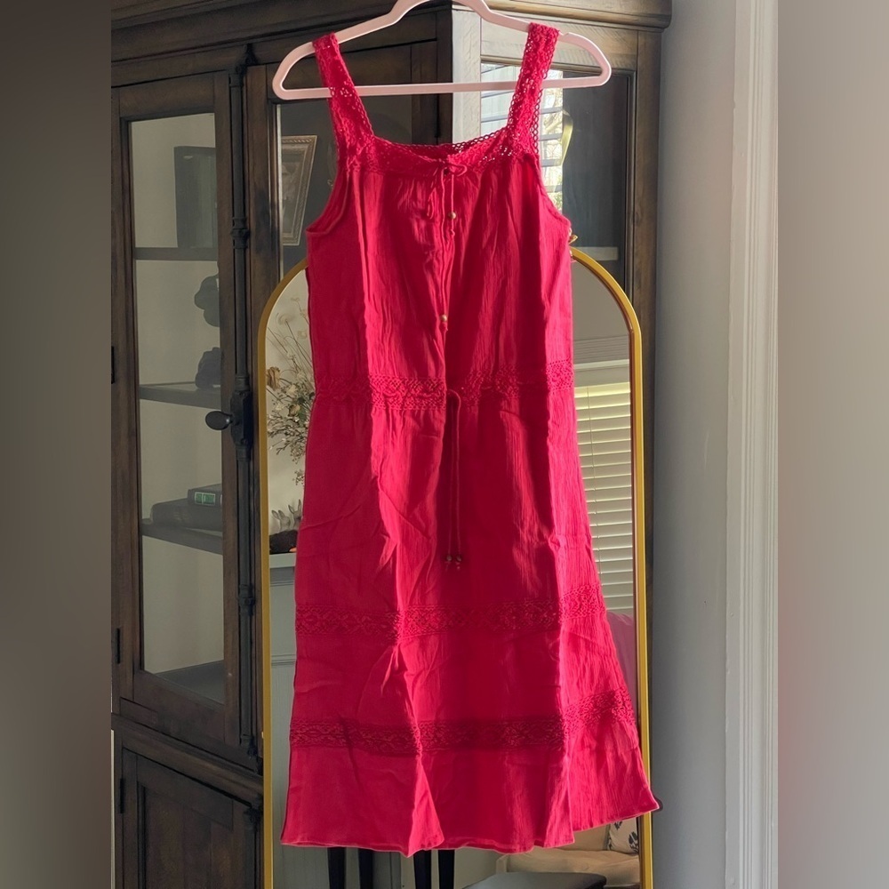 Chaudry 100% Cotton Magenta Red  Midi Dress with Beaded Tassels